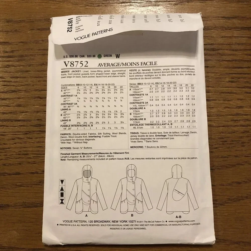 Vogue V8752 Designer Hooded Jacket Pattern Plus Size 14 - 22 March Tilton